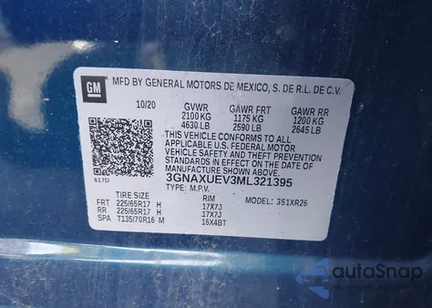 2021 Chevrolet Equinox Awd Lt z USA, uszkodzony, nr VIN 3GNAXUEV3ML321395